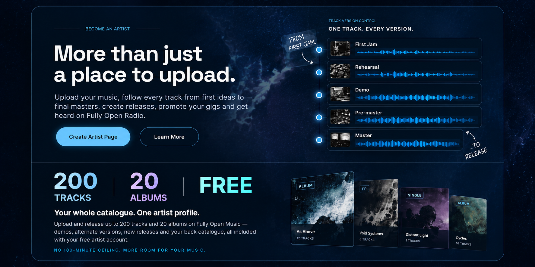 Become an Artist. More than just a place to upload. Upload your music, follow every track from first ideas to final masters, create releases, promote your gigs and get heard on Fully Open Radio. Artist accounts include 200 tracks and 20 albums free, with no 180-minute ceiling.